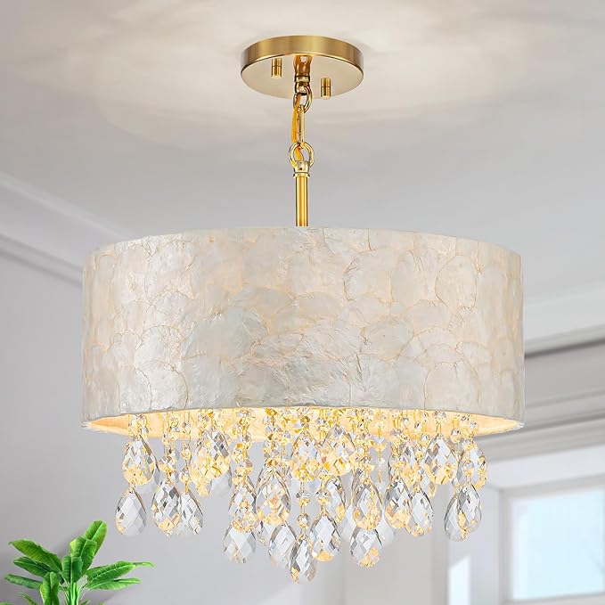 LumFurn D 16inch 4-Light Drum Capiz Shell Crystal Chandeliers, Coastal Style Pendant Light Fixture for Dining Room, Living Room, D16x20~67"(Adjustable Height), Shell Lampshade, Crystal & Gold Finish