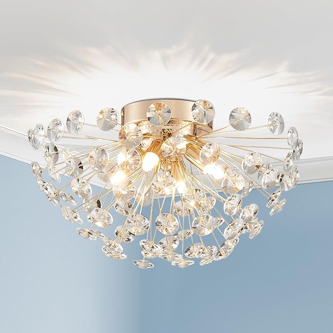 AGV LIGHTING Modern Crystal Flush Mount Ceiling Light Fixture, Dandelion Sputnik Semi Flush Mount Ceiling Light, 12" 4-Light with G9 Base Gold Ceiling Light Fixture