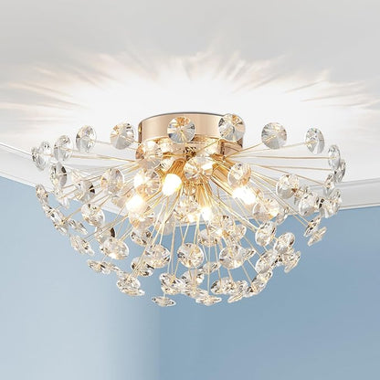 AGV LIGHTING Modern Crystal Flush Mount Ceiling Light Fixture, Dandelion Sputnik Semi Flush Mount Ceiling Light, 12" 4-Light with G9 Base Gold Ceiling Light Fixture