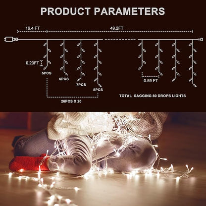 Icicle Christmas Lights Outdoor,520 LED 49.2FT 8 Modes with 80 Drops Cool White Icicle Lights,Remote Control Outdoor Indoor Fairy String Lights for Christmas Party,Holiday Decorations
