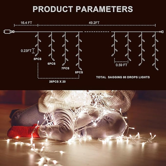 Icicle Christmas Lights Outdoor,520 LED 49.2FT 8 Modes with 80 Drops Cool White Icicle Lights,Remote Control Outdoor Indoor Fairy String Lights for Christmas Party,Holiday Decorations