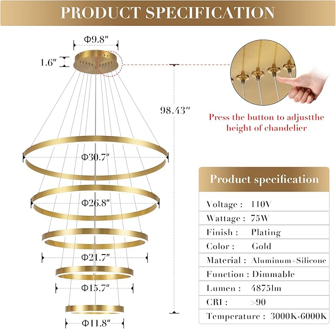 Gold Modern LED Chandeliers 5 Rings Chandelier for High Ceiling 31" Large Foyer Chandelier Entryway Dimmable Pendant Light Fixture for Living Room Staircase, 3000K-6500K