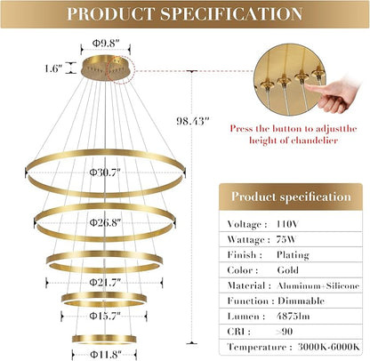 Gold Modern LED Chandeliers 5 Rings Chandelier for High Ceiling 31" Large Foyer Chandelier Entryway Dimmable Pendant Light Fixture for Living Room Staircase, 3000K-6500K