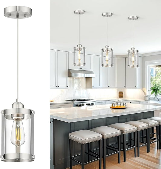 Brushed Nickel Pendant Lights Kitchen Island, 1-Light Modern Mini Hanging Light Fixtures with Clear Glass, Farmhouse Kitchen Pendant Lighting Over Island for Sink, OS-3014-1PBN