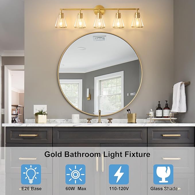 Gold Vanity Light 5 Lights 38.5" Large Vanity Lights for Bathroom, Wall Sconces Light with Clear Glass Shade, Light Fixtures for Bathroom, Living Room, Kitchen, Bedroom, E26 Base