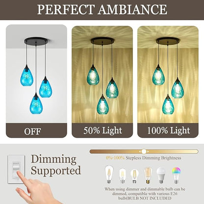 Blue 3-Light Pendant Lighting, Modern Dining Room Light Fixture Over Table with Hammered Glass, Cluster Hanging Lights for Kitchen Island Dining Room