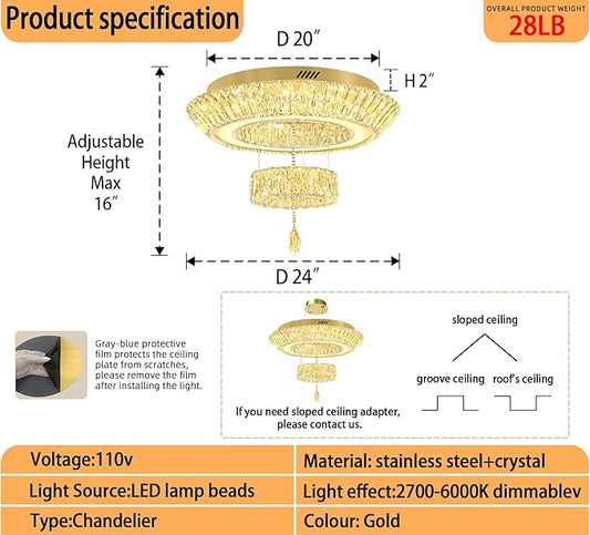 Led 24'' Gold Ring Crystal Chandelier,Modern Luxury 2-Tier Crystal Raindrop Chandeliers Lighting for Dining Living Room LED Dimmable 3000-6000K