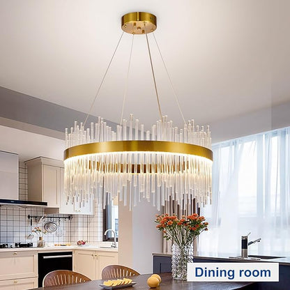 Depuley 23.6" Modern Crystal Chandeliers: Dimmable LED Gold Chandeliers Light Fixture with Remote Control - 3 Colors Contemporary Pendant Ceiling Light for Dining Living Room Kitchen Island Foyer