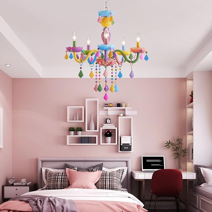 5-Lights Children Chandeliers, Modern Candy Design, Colorful Crystal Chandeliers for Bedroom, Dining Room, D22.8'' × H33.5'', Adjustable Height (33.5"~70.9"), Youth Color & Chrome Finish Frame