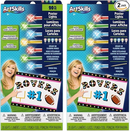 ArtSkills Rainbow String Light Kit with Punch Tool and Instructions for Posters, Dorms and Projects, Battery-Operated, 20 Lights with 2 Modes (Pack of 2)
