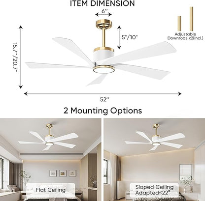 TXCSLY 52" Ceiling Fans with Lights and Remote, Modern Ceiling Fan with Light, Indoor Outdoor Ceiling Fan for Living Room, Bedroom, 5 Blade 3 Color Temperature LED Dimmable (White & Gold)