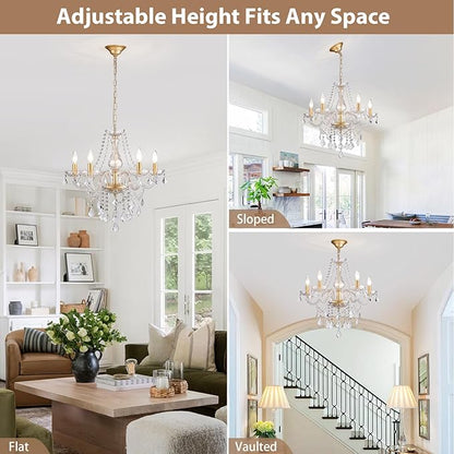 Gold Candle Crystal Glass Dining Room Chandelier 5-Light Pendant Ceiling Lighting Fixture for Kitchen Hallway Living Room Bedroom Bar Closet, Luxury Contemporary Elegant Lamp, 23 Inch