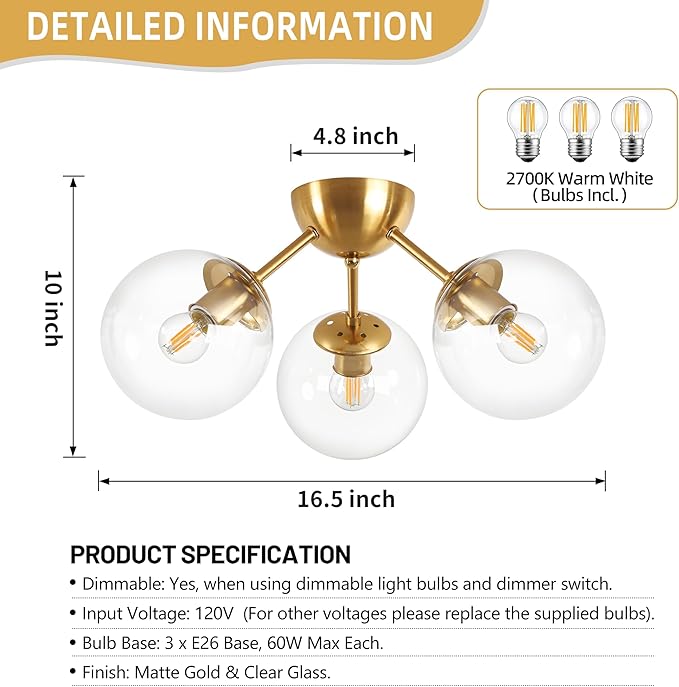 Bagood Mid-Century Modern Semi Flush Mount Ceiling Light 3 Lights Clear Glass Modern Globe Ceiling Light Gold Brass Sputnik Chandeliers for Hallway Entryway Kitchen Bedroom Laundry(Bulb Incl.)