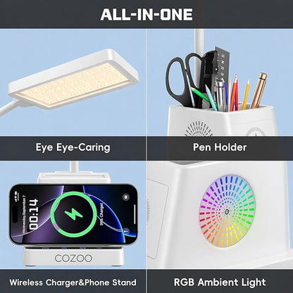 cozoo Desk Lamp, LED Desk Lamps for Home Office with 15W Wireless Charger/Organizer,Desk Lamp for College Dorm Eye-Caring Study Light,Gooseneck Table Lamp with Pen Holders/Storage,12 Lighting Modes