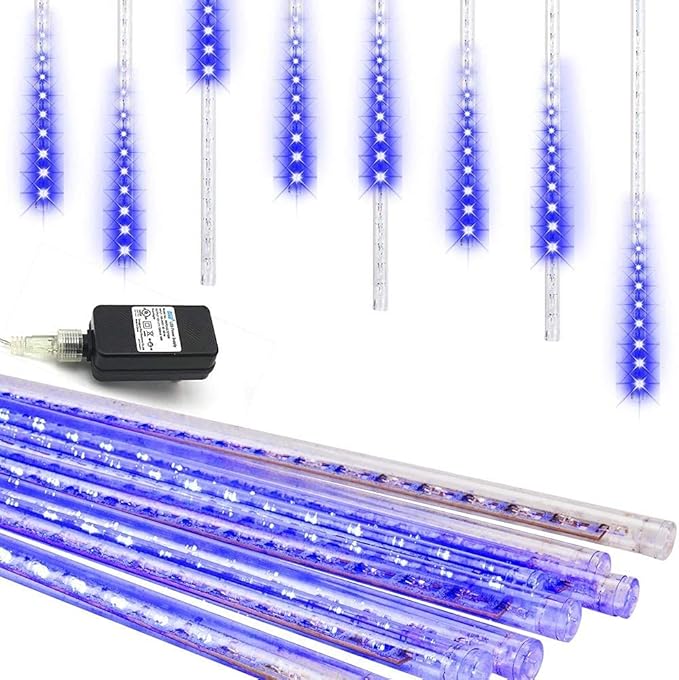 Weepong Meteor Shower Lights Outdoor Christmas Lights UL Certified Falling Rain Drop Snowfall Icicle Cascading String Light for Xmas Holiday Tree Wedding Party Garden Decor Blue, 12 Inch 8 Tubes