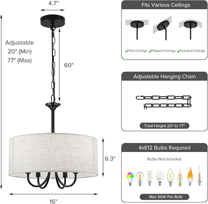 Drum Chandelier for Dining Room, 4-Light Modern Farmhouse Black Chandelier with Linen Drum Shade, 16" Hanging Pendant Ceiling Light Fixture for Kitchen Island Bedroom Living Room