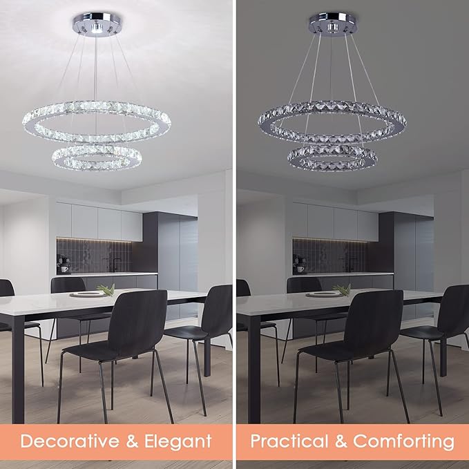 LED Modern Crystal Chandelier 19.7 x 11.8 inches Ceiling Pendant Light 2 Rings Adjustable Stainless Steel Lighting Fixtures Dining Room Living Room (White)