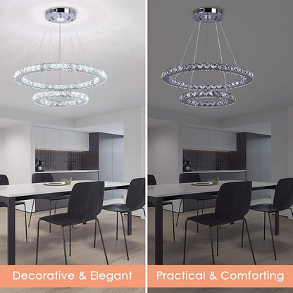 LED Modern Crystal Chandelier 19.7 x 11.8 inches Ceiling Pendant Light 2 Rings Adjustable Stainless Steel Lighting Fixtures Dining Room Living Room (White)
