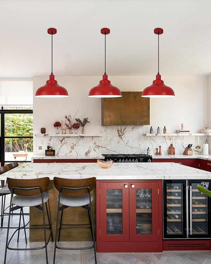 Red Dome Pendant Light 3 Pack, Farmhouse Pendant Lights Kitchen Island, 11.4’’ Industrial Metal Pendant Light Fixtures, Pendant Lighting for Dining Room Hallway Bar, Adjustable Height