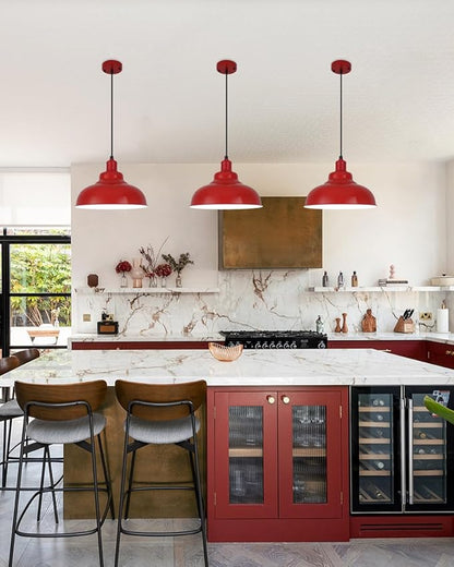 Red Dome Pendant Light 3 Pack, Farmhouse Pendant Lights Kitchen Island, 11.4’’ Industrial Metal Pendant Light Fixtures, Pendant Lighting for Dining Room Hallway Bar, Adjustable Height