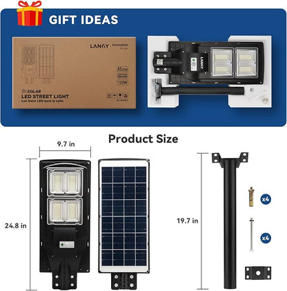 LANGY 2 Pack Solar Street Light 180000Lumens,240 LED Street Lamp with Light Control&PIR Motion Sensor, Dusk to Dawn LED Security Light Solar Flood Light for Square,Yard,Basketball Court