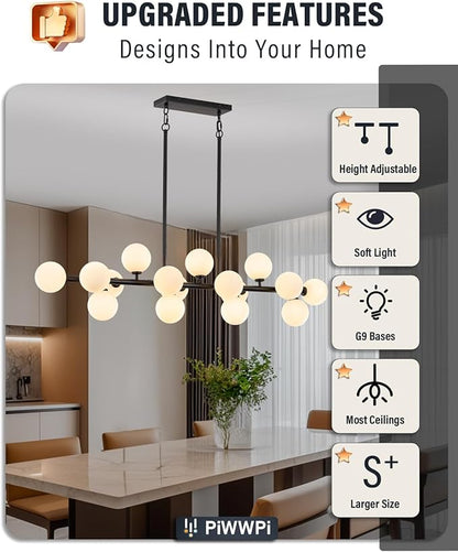 Modern Chandeliers for Dining Room Kitchen Island, 55" Long Large Linear Sputnik Globe Chandelier, 16-Light Mid Century Modern Light Fixture Over Table, Black and Milk White Bubble, GC-08