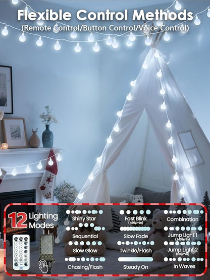 2026 New Connectable 43FT Smart Voice Controlled String Lights Indoor Outdoor | 100LED White Globe Fairy Lights with Remote & Timer | 12 Modes Waterproof Twinkle Light for Classroom Room Decorations