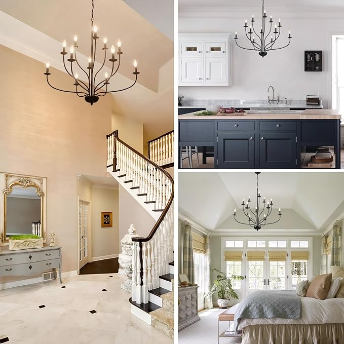 36" Black Farmhouse Chandelier for Dining Room, Modern Large Foyer Chandelier 12-Light Industrial Metal Candle Lighting Fixtures, Modern Farmhouse Chandeliers for Living Room Hallway Entryway E12