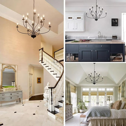 36" Black Farmhouse Chandelier for Dining Room, Modern Large Foyer Chandelier 12-Light Industrial Metal Candle Lighting Fixtures, Modern Farmhouse Chandeliers for Living Room Hallway Entryway E12