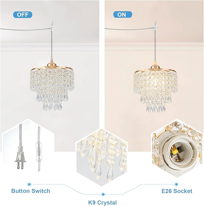 8" Plug in Pendant Light Corded Hanging Lights with Plug in Cord Hanging Lamp Plug in with 16.4 Ft Cord Mini Chandelier for Bedroom Kitchen Island Hallway Bathroom Closet (Gold)
