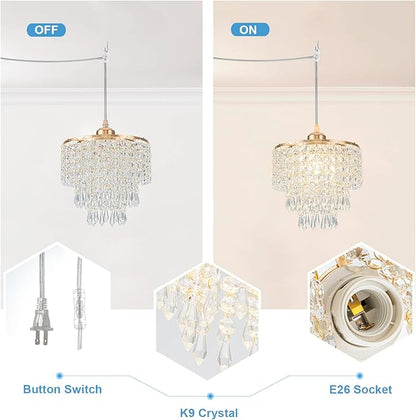 8" Plug in Pendant Light Corded Hanging Lights with Plug in Cord Hanging Lamp Plug in with 16.4 Ft Cord Mini Chandelier for Bedroom Kitchen Island Hallway Bathroom Closet (Gold)