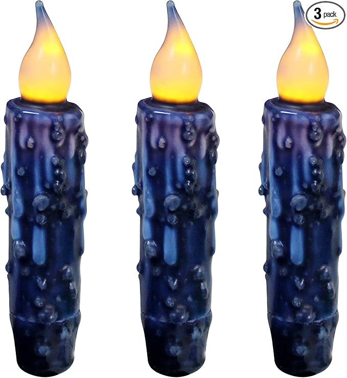 CVHOMEDECO. Real Wax Hand Dipped Battery Operated LED Timer Taper Candles Rustic Primitive Flameless Lights Decor, 4-3/4 Inch, Navy Blue, 3 PCS in a Package