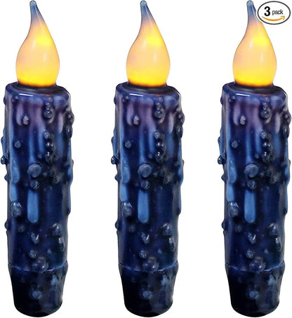 CVHOMEDECO. Real Wax Hand Dipped Battery Operated LED Timer Taper Candles Rustic Primitive Flameless Lights Decor, 4-3/4 Inch, Navy Blue, 3 PCS in a Package