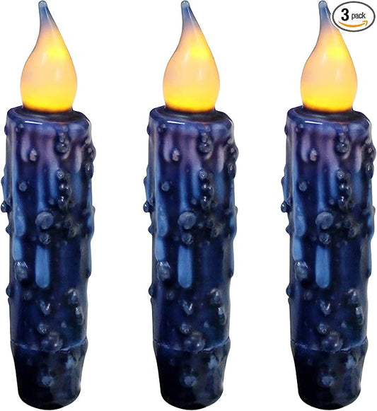 CVHOMEDECO. Real Wax Hand Dipped Battery Operated LED Timer Taper Candles Rustic Primitive Flameless Lights Decor, 4-3/4 Inch, Navy Blue, 3 PCS in a Package