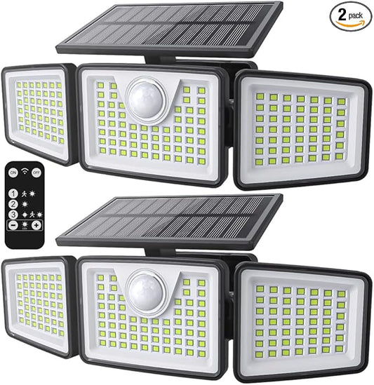 daphino 2500LM Solar Lights Outdoor with Motion Sensor,3 Head 270° Wide Angle Street Area Lights,IP65 Waterproof Security Lighting with 3 Modes(Remote,2 Pcs)