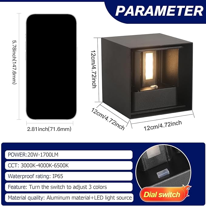 20W LED Outdoor Wall Lights Exterior/Interior,3 Colors Adjustable Wall Sconce,Modern Square Aluminum Wall Light,Up and Down Outdoor Lighting Fixtures,IP65 Waterproof Porch Light, ETL Listed