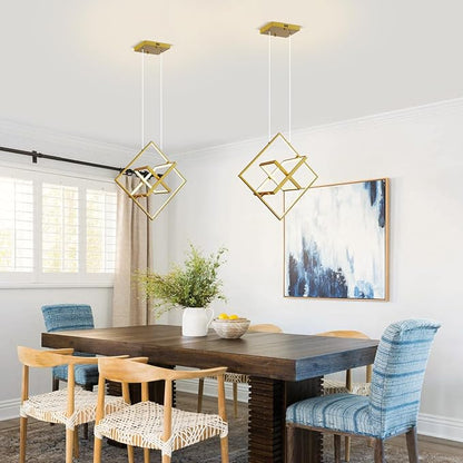 Modern Gold LED Square Chandelier,Adjustable Geometric Pendant Light with Remote Dimmable 3000K–6000K,Contemporary Hanging Light Fixture for Kitchen Island,Dining Room,Living Room