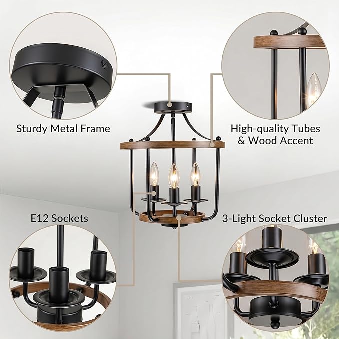 Farmhouse Semi Flush Mount Ceiling Light Fixtures, Industrial Rustic Ceiling Lamp Metal Cage Hallway Light Fixtures(3-Light Wood Finish)