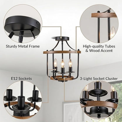 Farmhouse Semi Flush Mount Ceiling Light Fixtures, Industrial Rustic Ceiling Lamp Metal Cage Hallway Light Fixtures(3-Light Wood Finish)