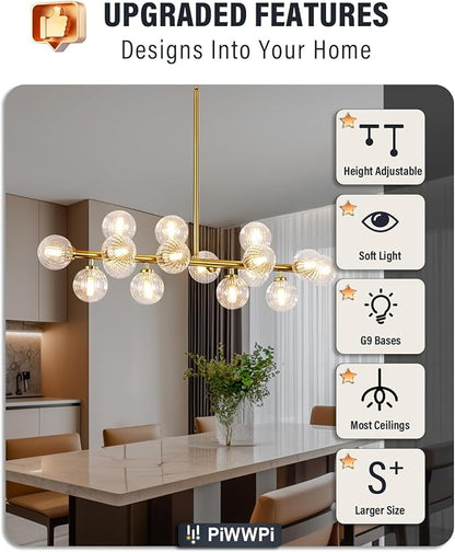 Glass Globe Sputnik Chandelier, 16-Light Mid Century Modern Light Fixture Over Table, Linear Chandeliers for Dining Room, Kitchen Island, Brass Gold and Clear Bubble, 40 Inch, GC-02