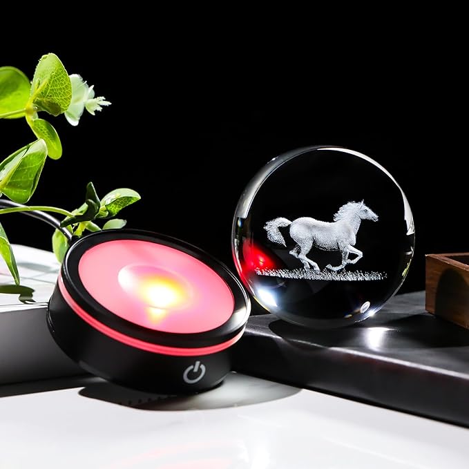 YWHL 3D Crystal Horse Figurine with LED Base, Horse Gifts for Men Women on Christmas Birthday, Glass Sphere Animal Decorative Ball for Home Decor (80mm)