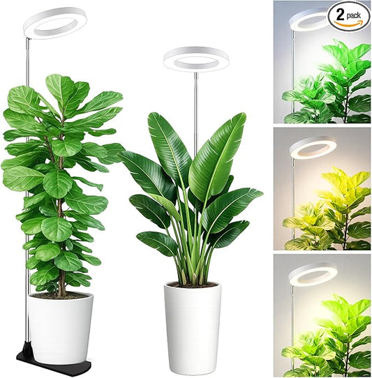 LBW Grow Lights for Indoor Plants, 6.3" Full Spectrum Plant Light with Base, 59" Height Adjustable Grow Lamp, 6/8/12/16H Auto Timer, 3 Color, 5 Dimmable Level, for Tall Large Plants, White, 2 Pack