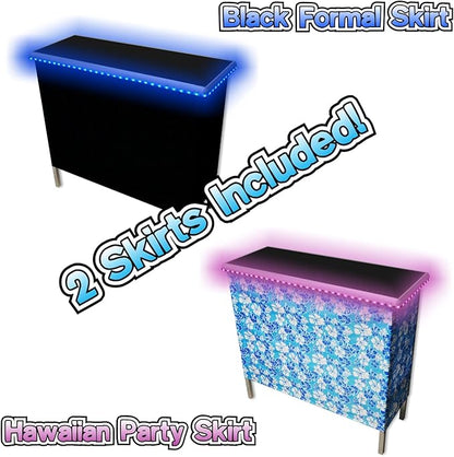 Folding Portable Party Bar w/Patended LED Lights, Black & Hawaiian Bar Skirts, Storage Shelf, & Carrying Case