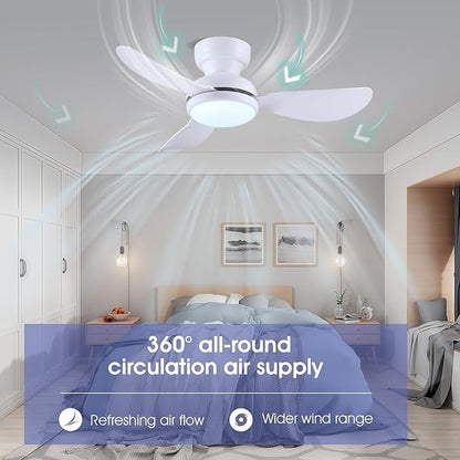 Kviflon 36 Inch Ceiling Fans with Lights, Small Flush Mount Ceiling Fan, Remote/APP Control, 3 Reversible Curved Blades, 6 Speeds, 3 CCT Dimmable Lights for Bedroom Kids Room, White