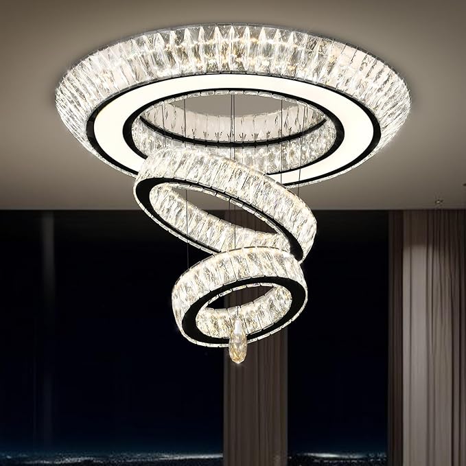 32 in Black LED Ring Chandelier, Crystal Ceiling Light for Living Room Flush Mount Chandelier Lighting Remote Dimmable, Compatible with Sloped Ceiling
