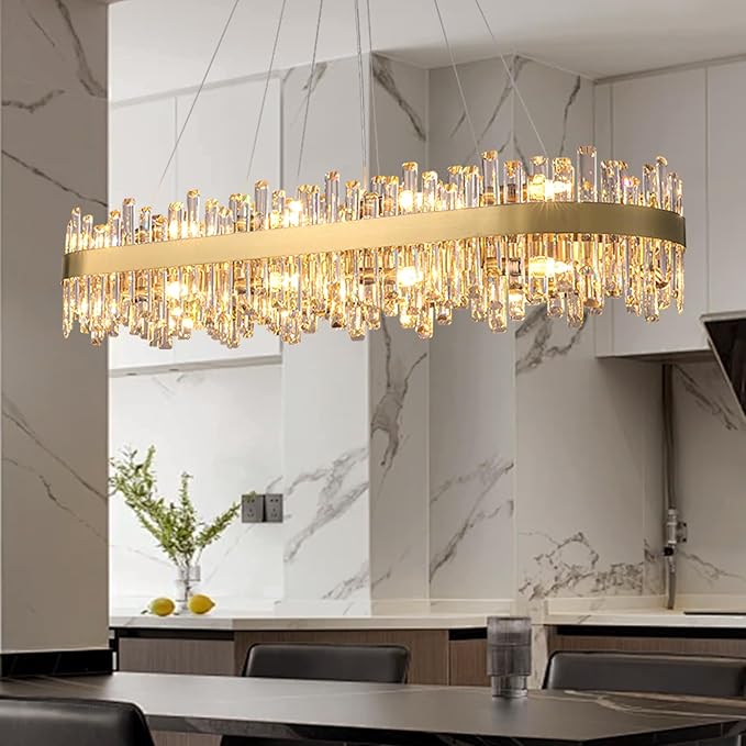 L52'' Modern Crystal Chandelier for Dining Room, 20-Light Gold Rectangular 2-Tiers K9 Crystal Raindrop Chandelier Flush Mount Pendant Ceiling Light for Dining Living Room Kitchen Island