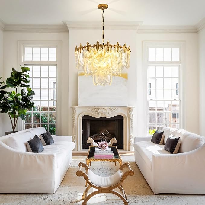 KELUOLY Antique Chandelier 3-Tier Glass Crystal Chandeliers, 9-Lights Gold Round Pendant Light 23.6" Brushed Brass Adjustable Height, Applicable to Dining Room, Bedroom, Living Room, Foyer, Kitchen