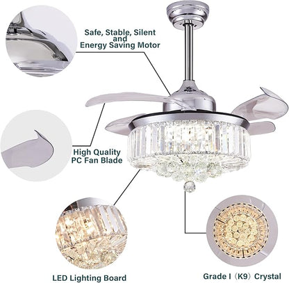 DuMaiWay 36" Dimmable Fandelier Crystal Ceiling Fan with Lights and Remote Modern Invisible Retractable Blades Chandelier Ceiling Fan Light Kit for Bedroom Living Room -Polished Chrome