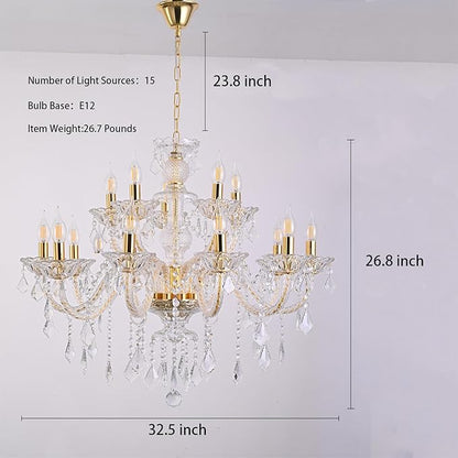 15 Light Crystal Chandelier Double Layer Flush Mount Ceiling Light Fixture with K9 Crystals for Living Room Dining Room Bedroom Luxury Hanging Lamp Lighting Fixtures