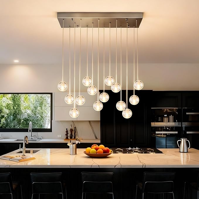 14 Lights Nickel Raindrop Rectangle Chandelier, Modern Bubble Crystal Chandelier for Dining Room, Large Pendant Light for High Ceilings Staircase Foyer Entryway Living Room Kitchen Island